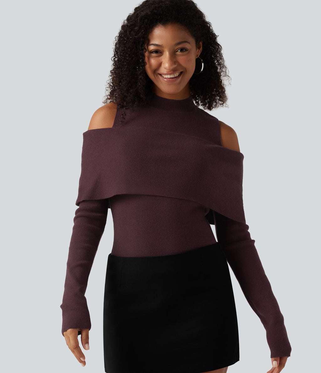 High Neck Cut Out Long Sleeve Slim Casual Jumper — Catawba Grape — view 5