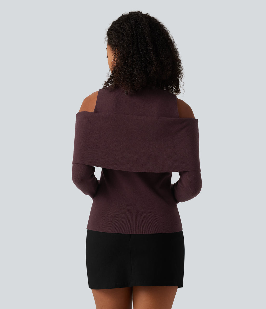 High Neck Cut Out Long Sleeve Slim Casual Jumper — Catawba Grape — view 2