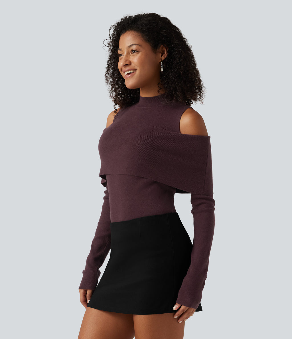 High Neck Cut Out Long Sleeve Slim Casual Jumper — Catawba Grape — view 3