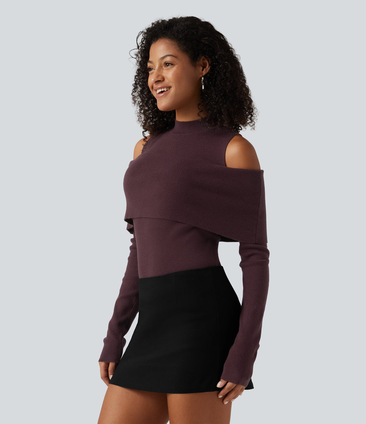 High Neck Cut Out Long Sleeve Slim Casual Jumper — Catawba Grape — view 3