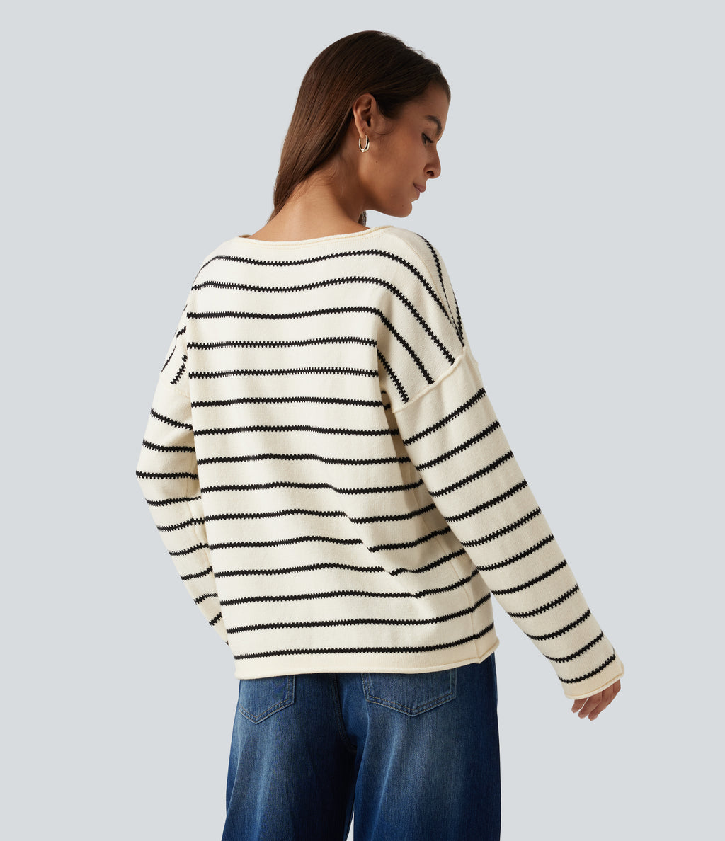 Boat Neck Long Sleeve Stripe Rolled Hem Oversized Casual Jumper — Cloud Sail Stripe — view 2