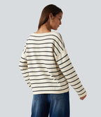 Boat Neck Long Sleeve Stripe Rolled Hem Oversized Casual Jumper — Cloud Sail Stripe — view 2