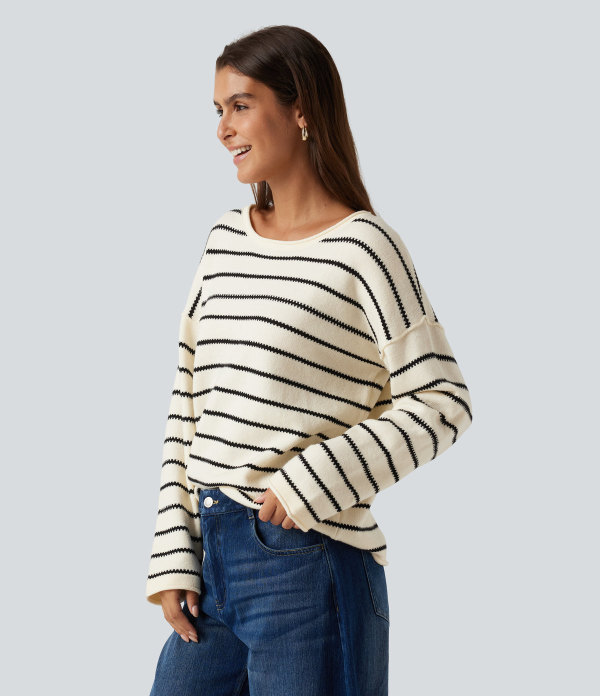 Boat Neck Long Sleeve Stripe Rolled Hem Oversized Casual Jumper — Cloud Sail Stripe — view 3