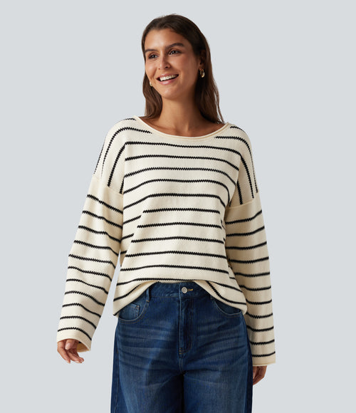 Boat Neck Long Sleeve Stripe Rolled Hem Oversized Casual Jumper — Cloud Sail Stripe — view 1