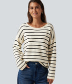 Boat Neck Long Sleeve Stripe Rolled Hem Oversized Casual Jumper — Cloud Sail Stripe — view 6