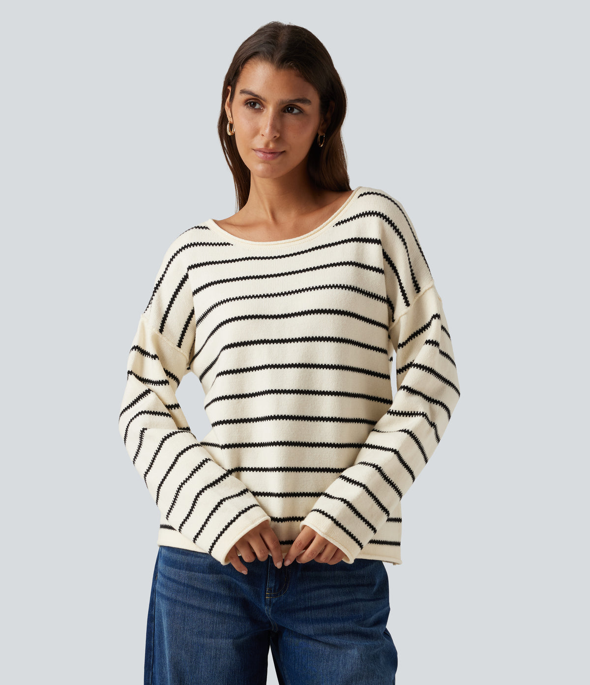 Boat Neck Long Sleeve Stripe Rolled Hem Oversized Casual Jumper — Cloud Sail Stripe — view 4