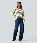 Boat Neck Long Sleeve Stripe Rolled Hem Oversized Casual Jumper — Cloud Sail Stripe — view 8