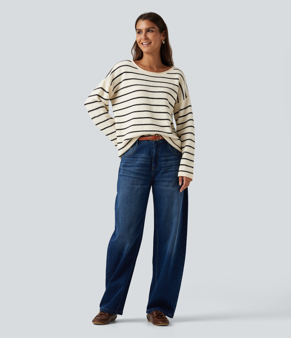 Boat Neck Long Sleeve Stripe Rolled Hem Oversized Casual Jumper — Cloud Sail Stripe — view 8