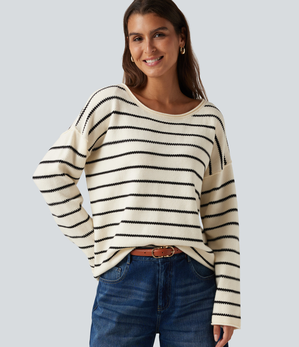 Boat Neck Long Sleeve Stripe Rolled Hem Oversized Casual Jumper — Cloud Sail Stripe — view 5