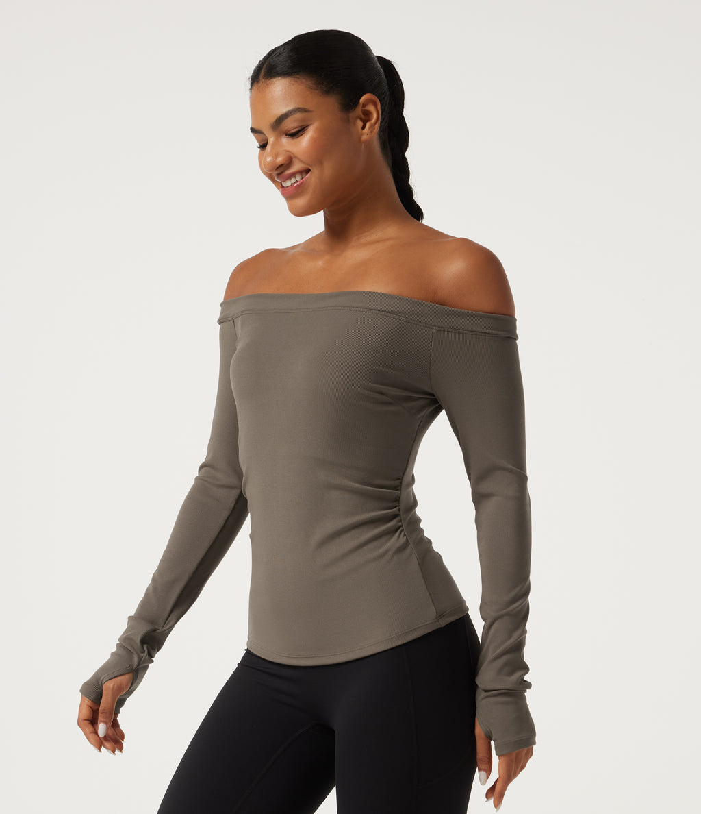 Ribbed Knit Off Shoulder Long Sleeve Thumb Hole Built-in Bra Yoga Sports Top — Dawn Brown — view 4