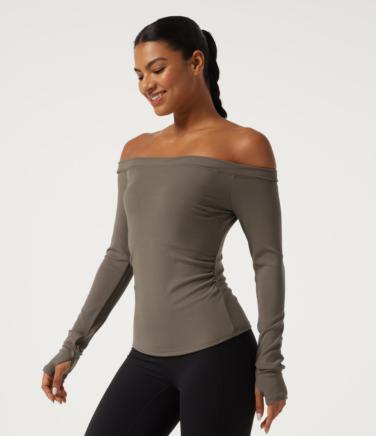 Ribbed Knit Off Shoulder Long Sleeve Thumb Hole Built-in Bra Yoga Sports Top — Dawn Brown — view 4