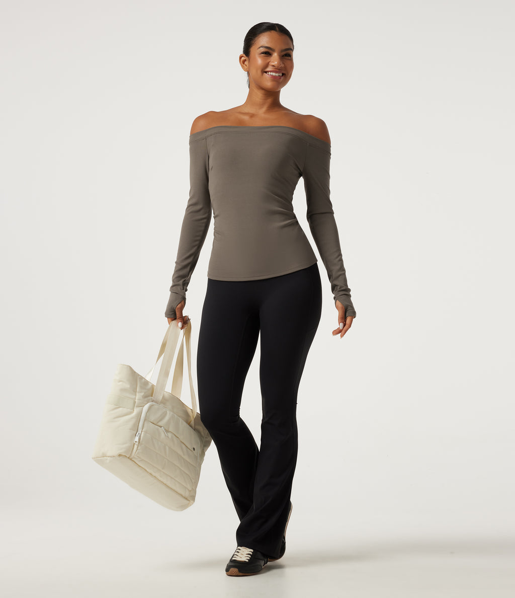 Ribbed Knit Off Shoulder Long Sleeve Thumb Hole Built-in Bra Yoga Sports Top — Dawn Brown — view 7