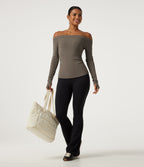 Ribbed Knit Off Shoulder Long Sleeve Thumb Hole Built-in Bra Yoga Sports Top — Dawn Brown — view 7