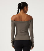 Ribbed Knit Off Shoulder Long Sleeve Thumb Hole Built-in Bra Yoga Sports Top — Dawn Brown — view 3