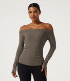 Ribbed Knit Off Shoulder Long Sleeve Thumb Hole Built-in Bra Yoga Sports Top — Dawn Brown — view 2
