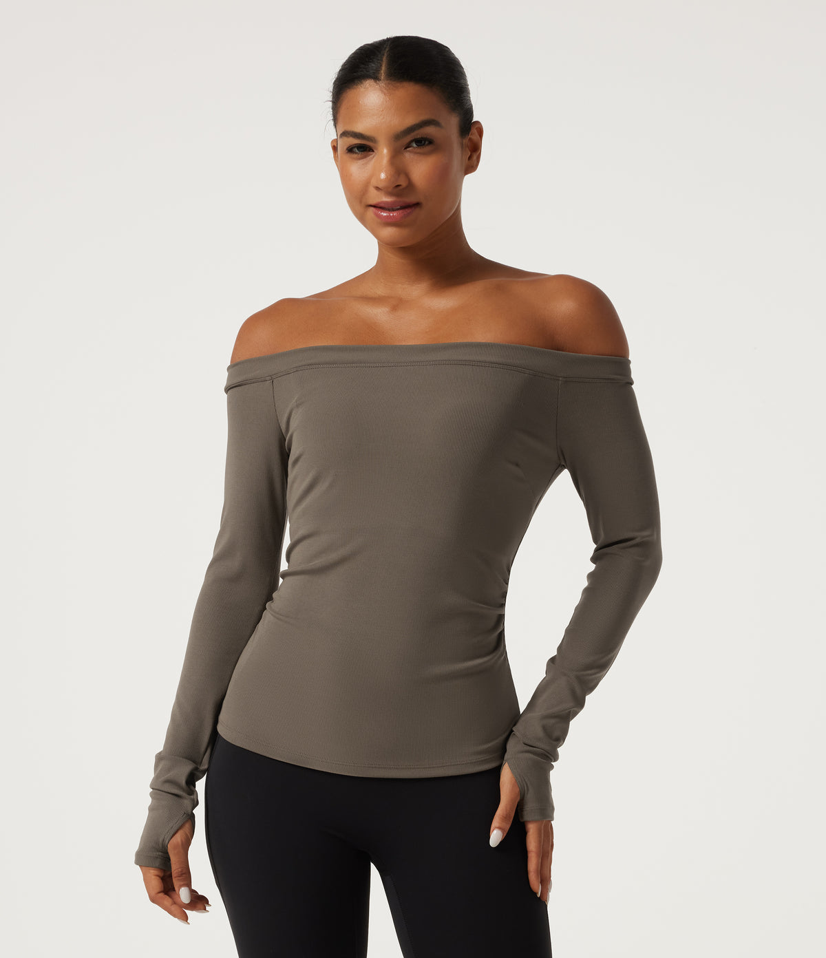 Ribbed Knit Off Shoulder Long Sleeve Thumb Hole Built-in Bra Yoga Sports Top — Dawn Brown — view 2