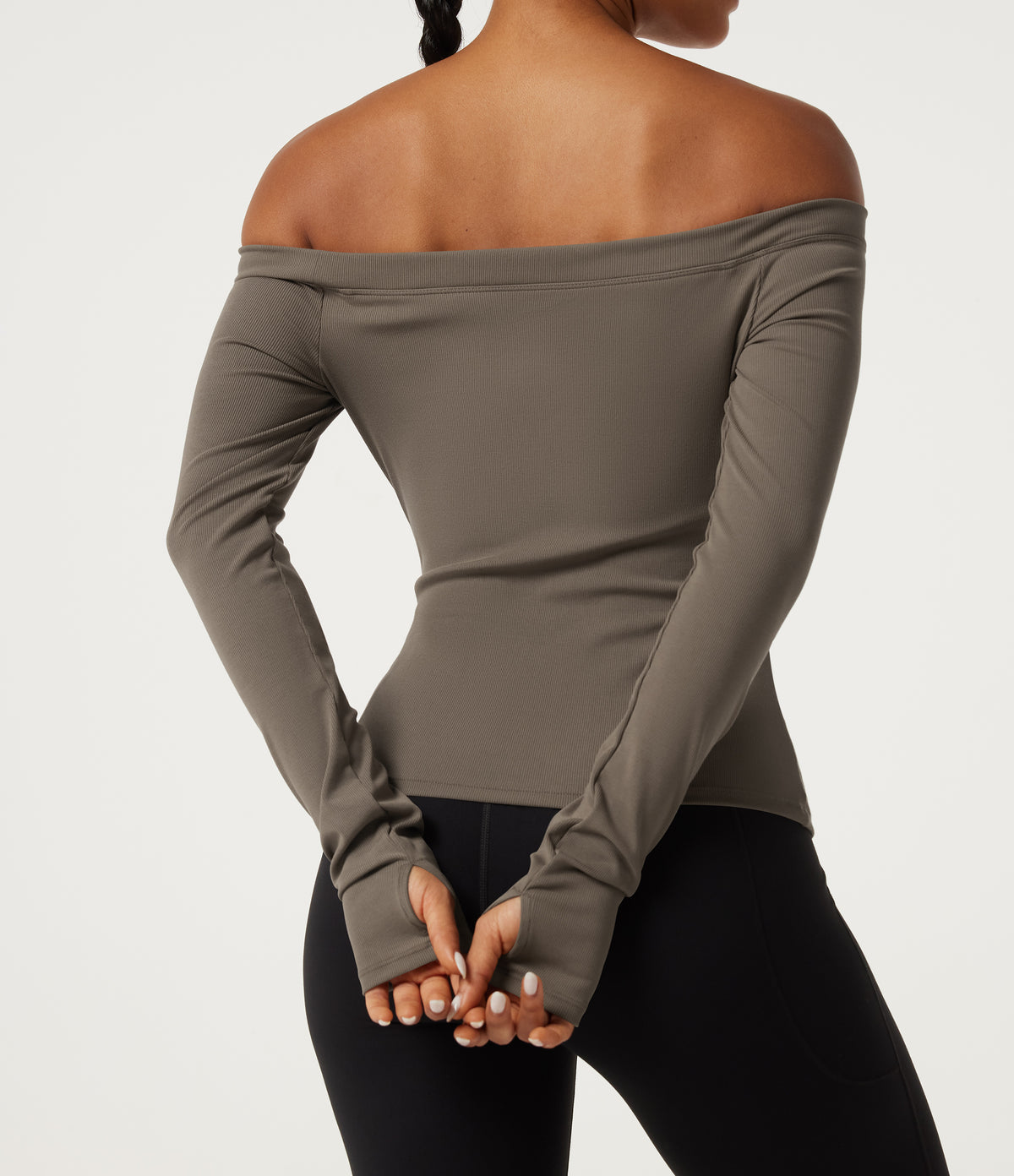 Ribbed Knit Off Shoulder Long Sleeve Thumb Hole Built-in Bra Yoga Sports Top — Dawn Brown — view 5