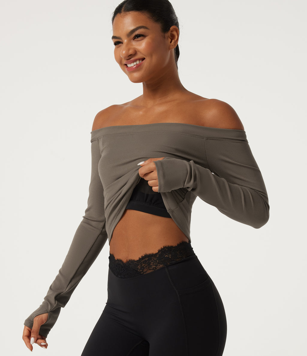 Ribbed Knit Off Shoulder Long Sleeve Thumb Hole Built-in Bra Yoga Sports Top — Dawn Brown — view 1