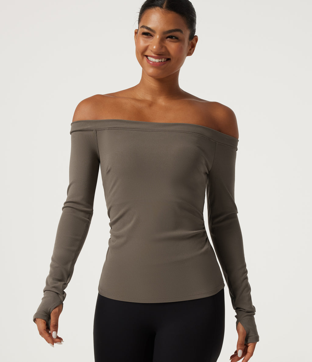 Ribbed Knit Off Shoulder Long Sleeve Thumb Hole Built-in Bra Yoga Sports Top — Dawn Brown — view 6