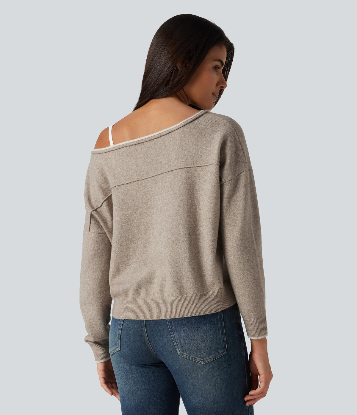 One Shoulder Long Sleeve Casual Jumper — Oatstone Beige — view 2