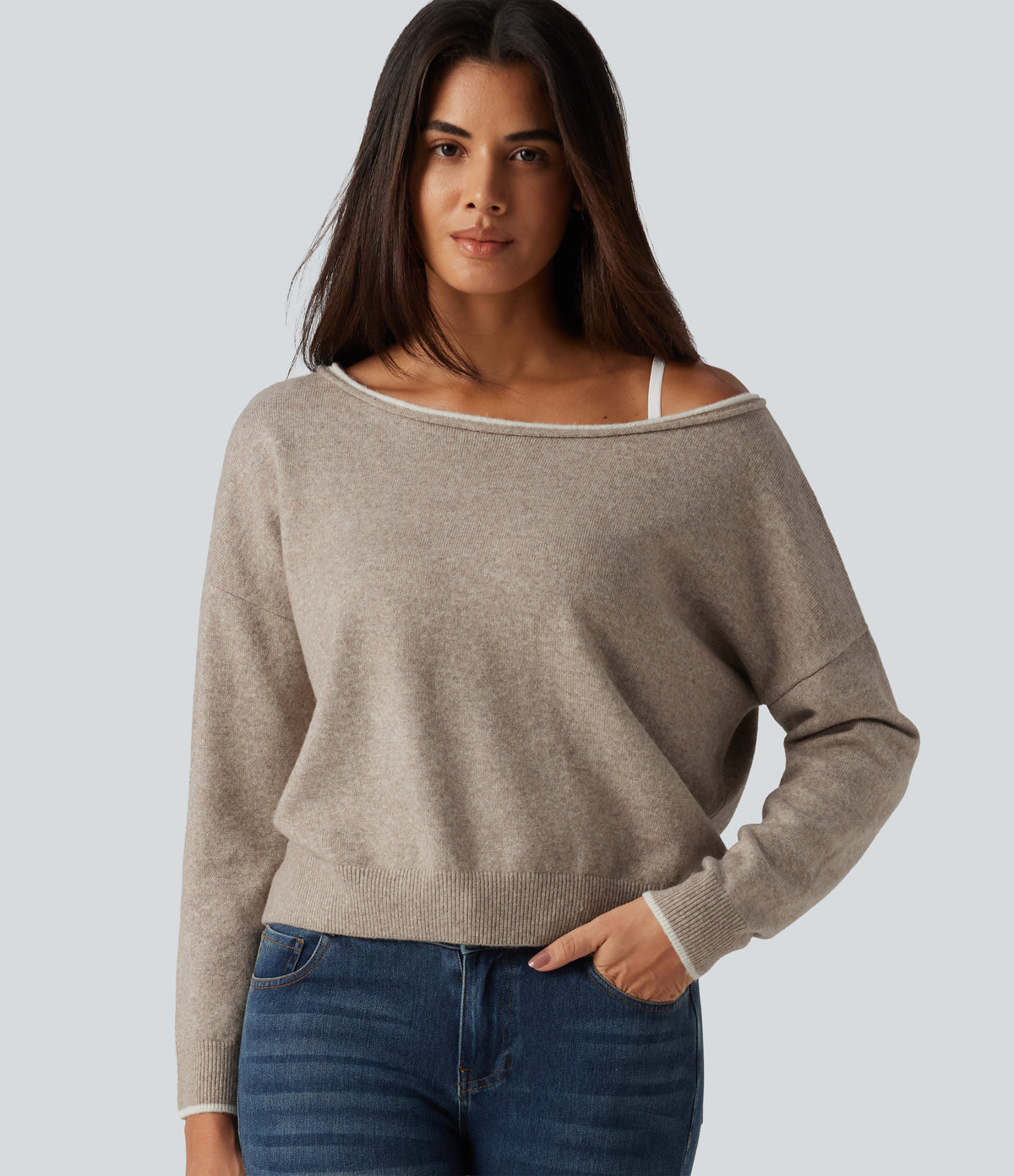 One Shoulder Long Sleeve Casual Jumper — Oatstone Beige — view 5