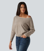 One Shoulder Long Sleeve Casual Jumper — Oatstone Beige — view 3