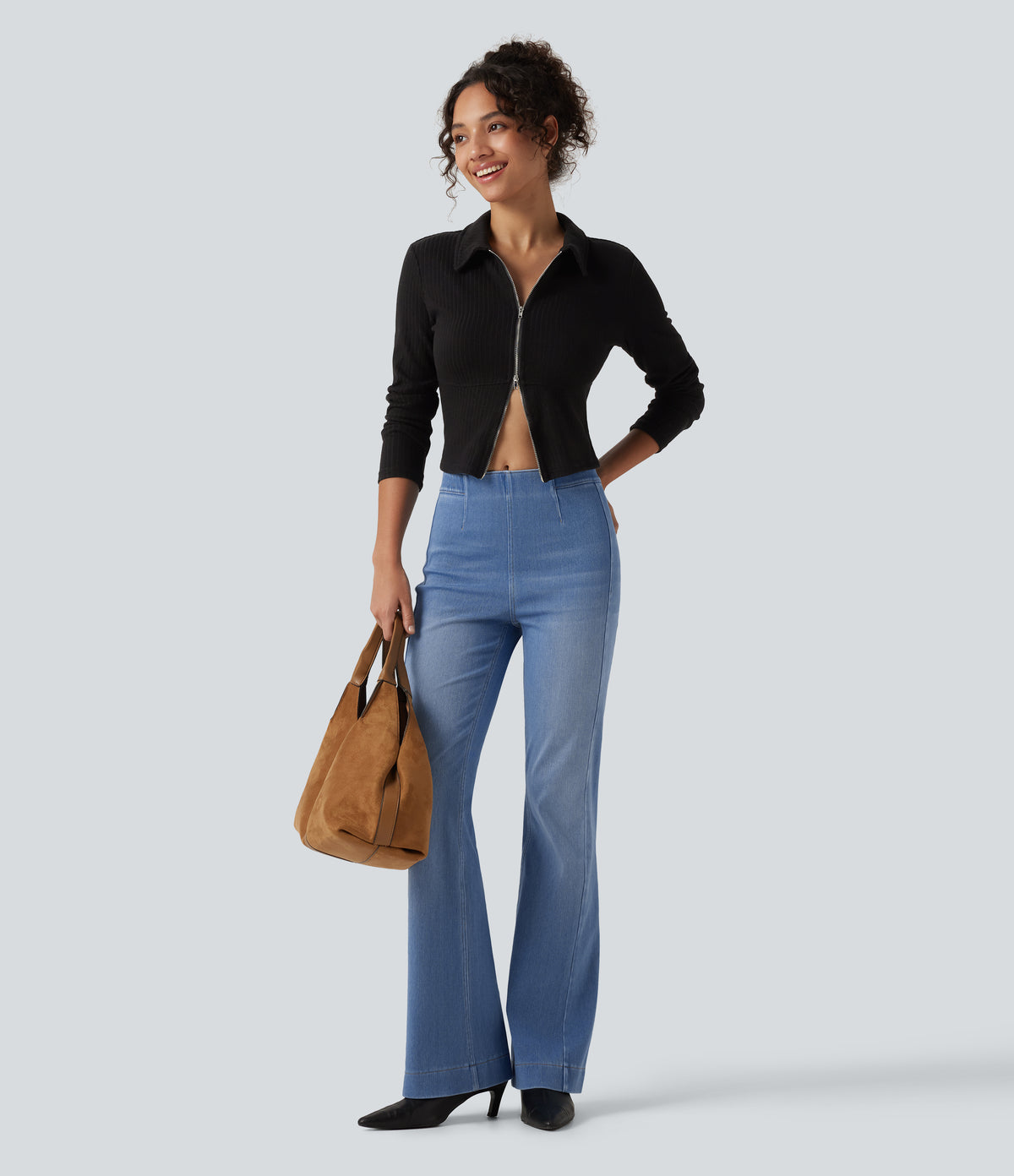 Mid Rise Bootcut Casual Jeans with Pockets — Vallarta Blue Denim — view 7