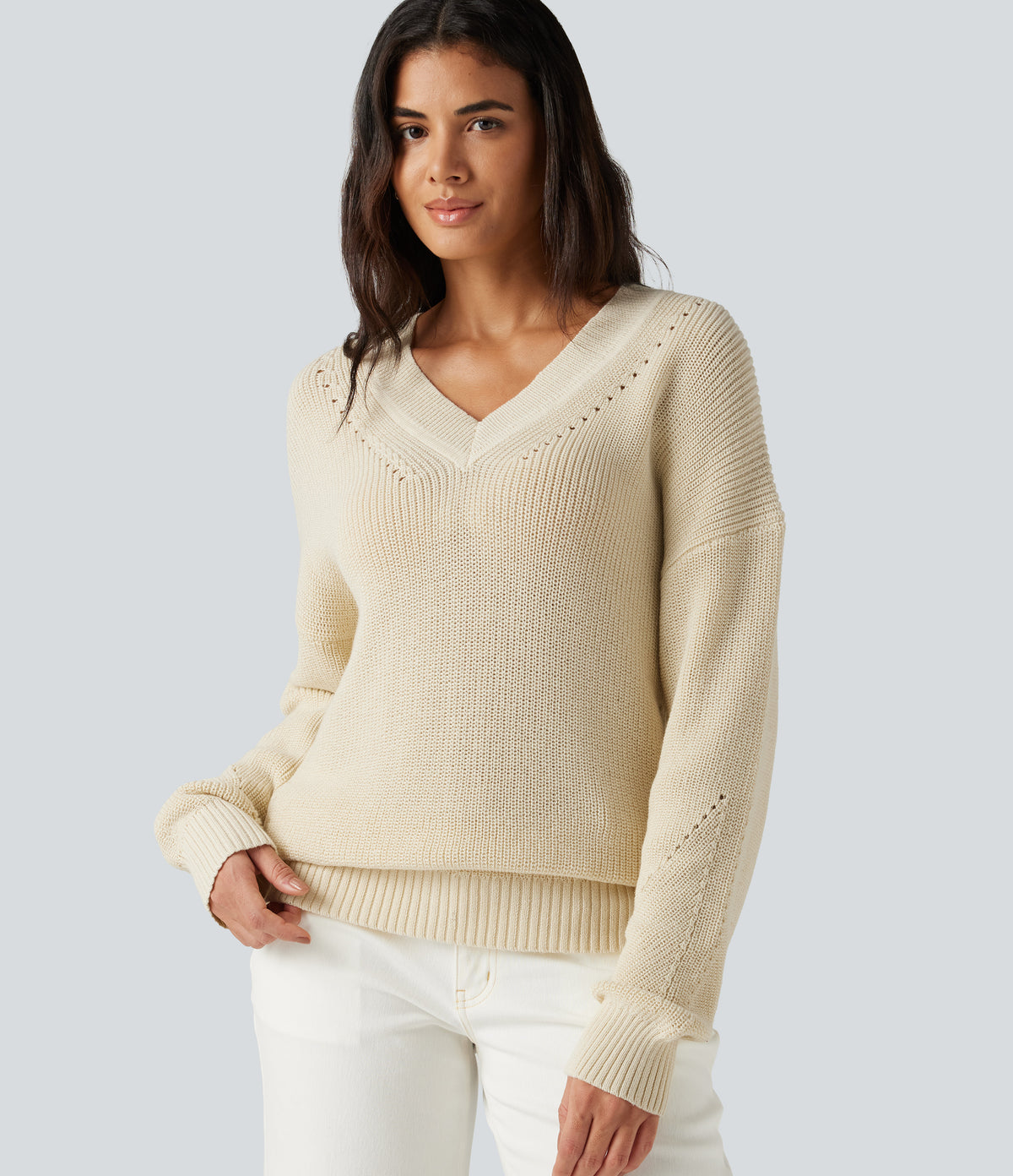 V Neck Dropped Shoulder Long Sleeve Cut Out Casual Jumper — Turtledove — view 7