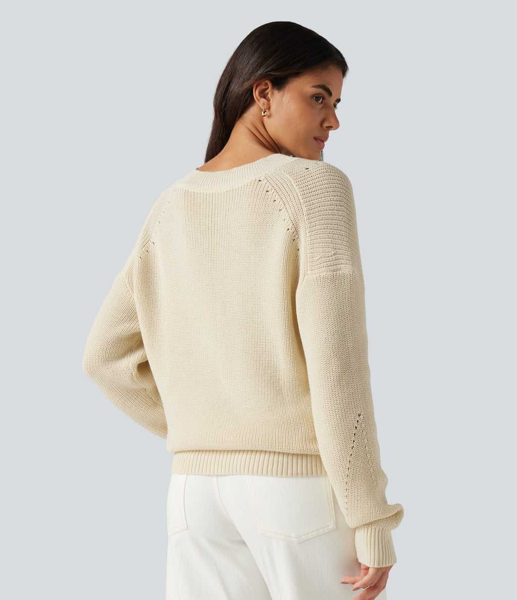 V Neck Dropped Shoulder Long Sleeve Cut Out Casual Jumper — Turtledove — view 2