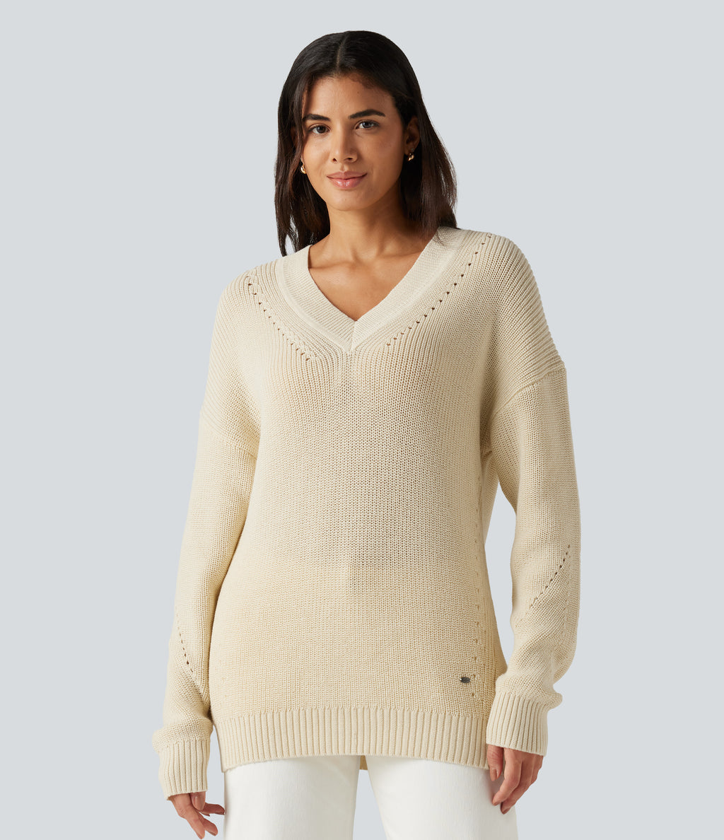 V Neck Dropped Shoulder Long Sleeve Cut Out Casual Jumper — Turtledove — view 6
