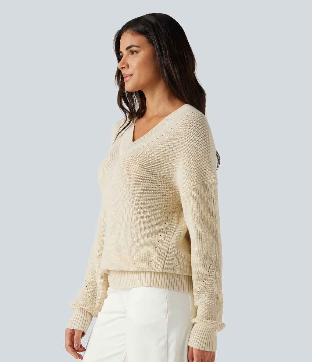 V Neck Dropped Shoulder Long Sleeve Cut Out Casual Jumper — Turtledove — view 3