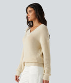 V Neck Dropped Shoulder Long Sleeve Cut Out Casual Jumper — Turtledove — view 3