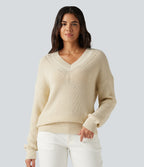 V Neck Dropped Shoulder Long Sleeve Cut Out Casual Jumper — Turtledove — view 1