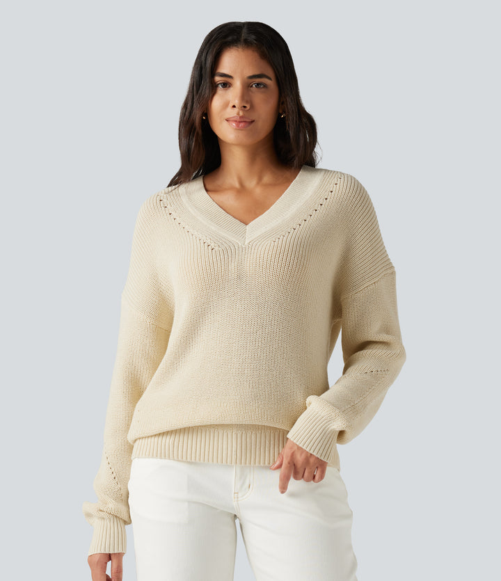 V Neck Dropped Shoulder Long Sleeve Cut Out Casual Jumper — Turtledove — view 1