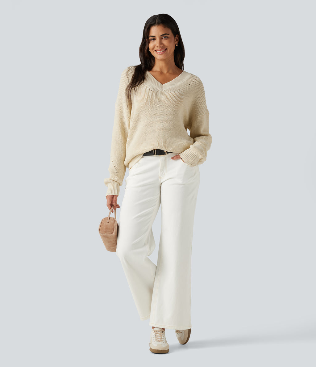 V Neck Dropped Shoulder Long Sleeve Cut Out Casual Jumper — Turtledove — view 8