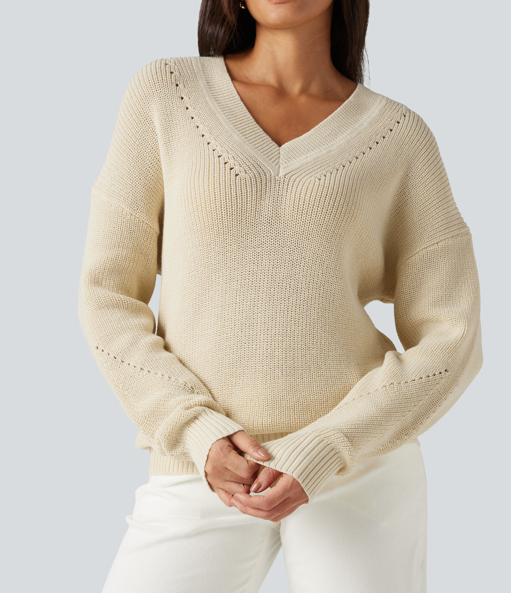V Neck Dropped Shoulder Long Sleeve Cut Out Casual Jumper — Turtledove — view 5