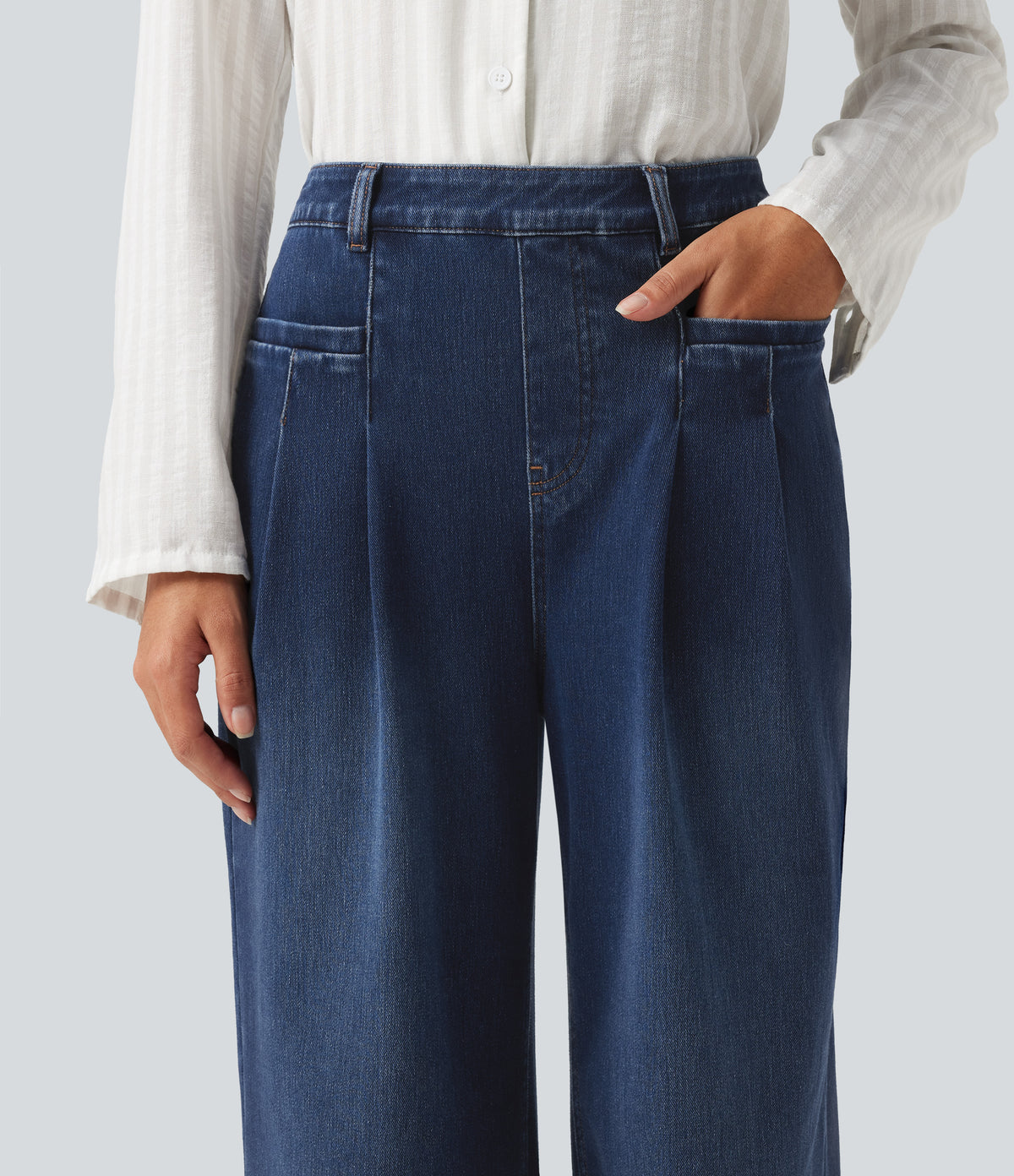 High Waisted Wide Leg Casual Jeans with Pockets — Pageant Blue Denim — view 4