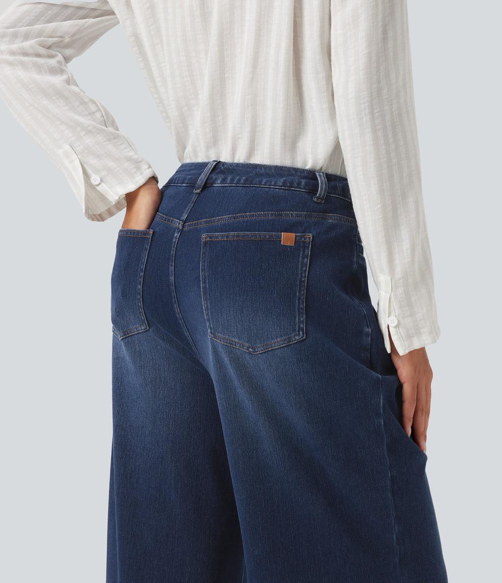 High Waisted Wide Leg Casual Jeans with Pockets — Pageant Blue Denim — view 5