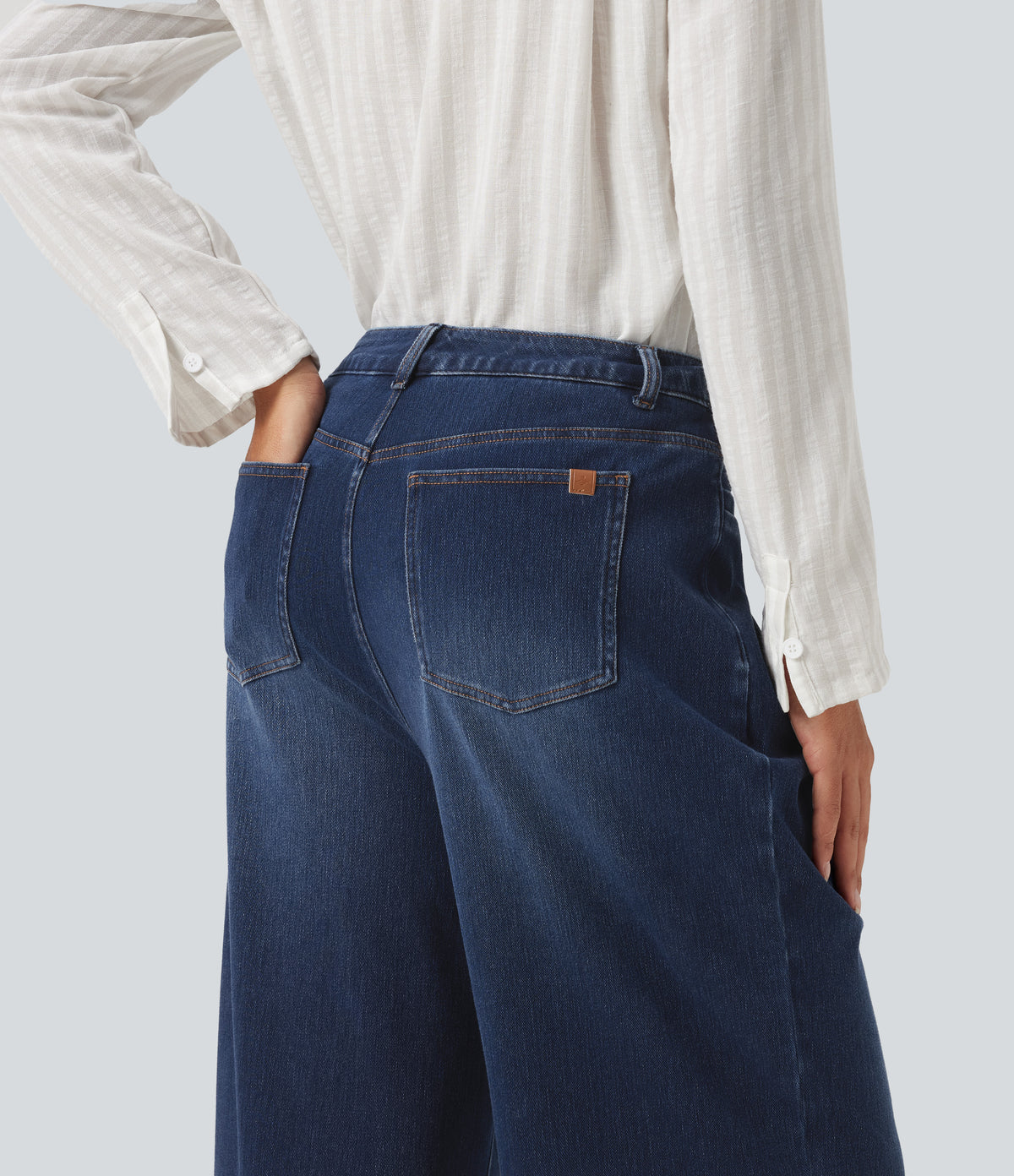 High Waisted Wide Leg Casual Jeans with Pockets — Pageant Blue Denim — view 5