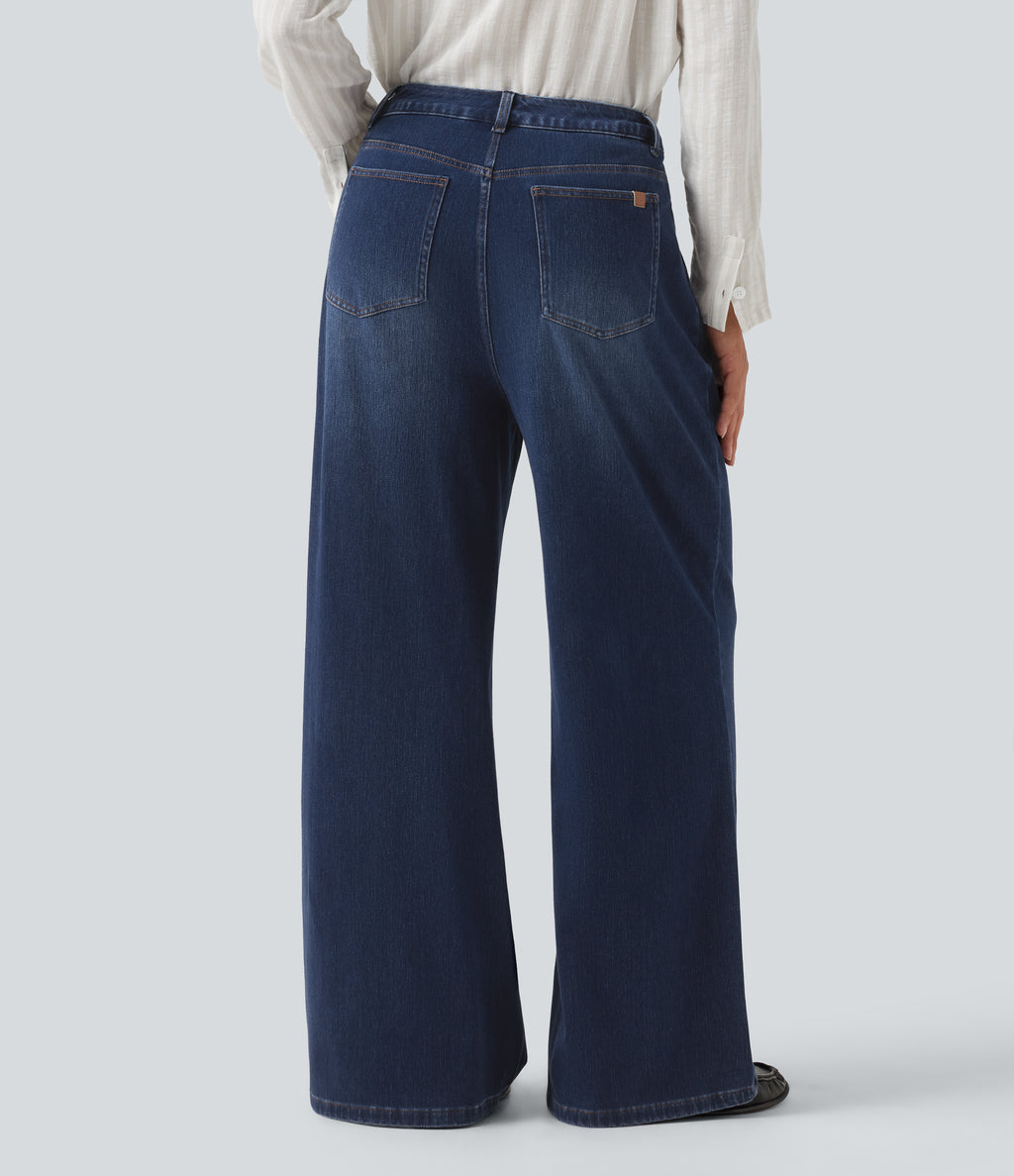 High Waisted Wide Leg Casual Jeans with Pockets — Pageant Blue Denim — view 2