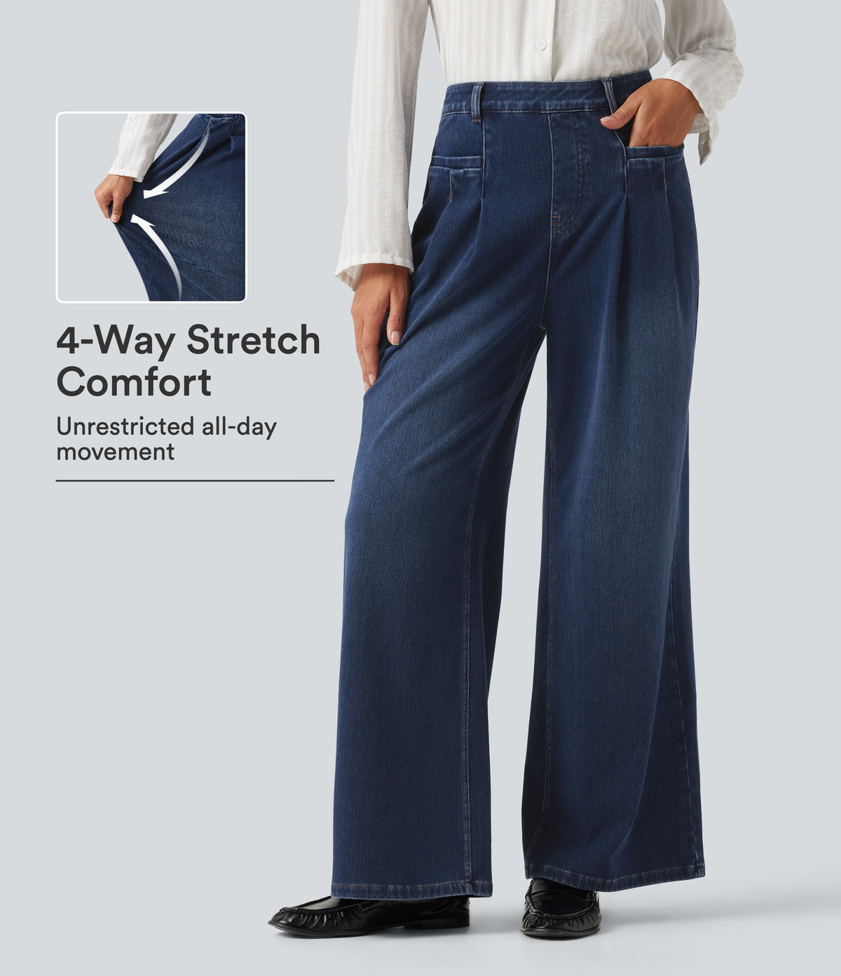 High Waisted Wide Leg Casual Jeans with Pockets — Pageant Blue Denim — view 1