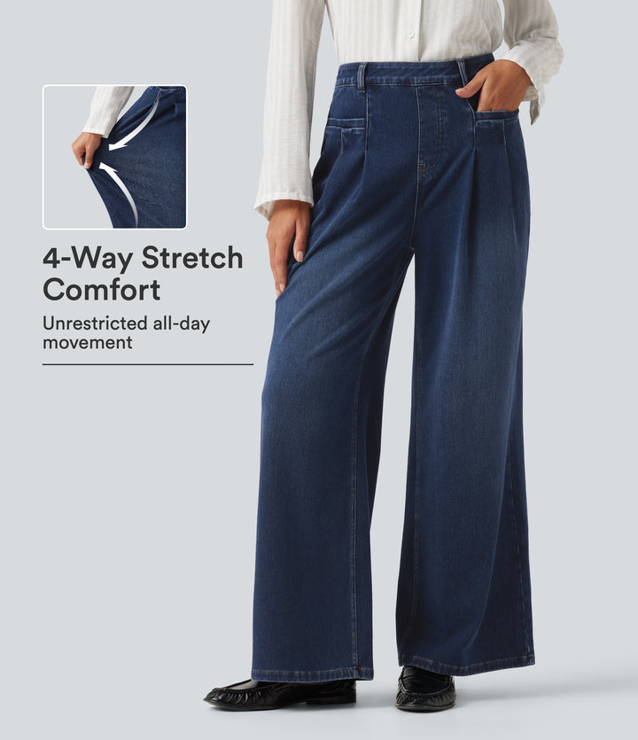 High Waisted Wide Leg Casual Jeans with Pockets — Pageant Blue Denim — view 1