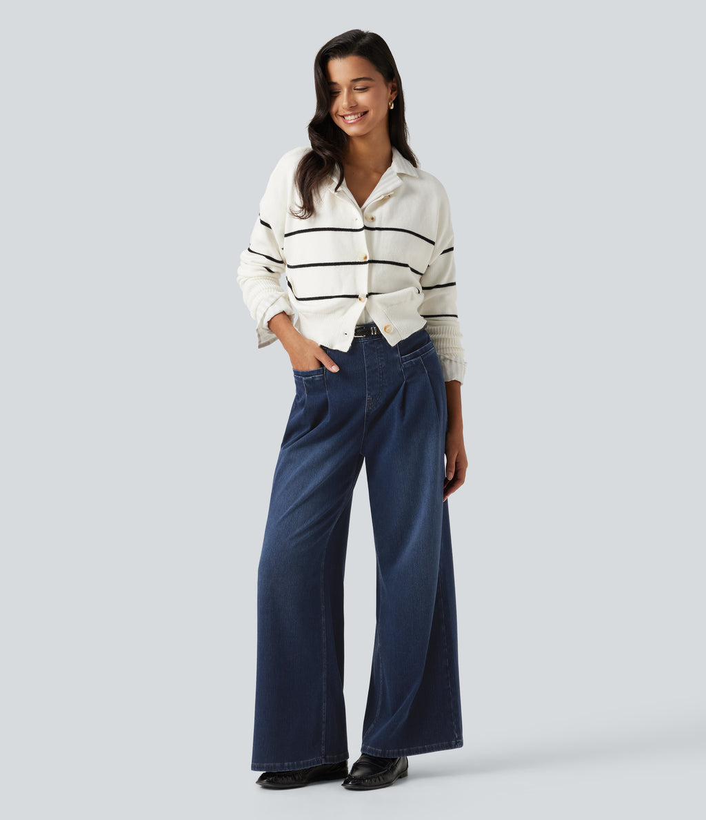 High Waisted Wide Leg Casual Jeans with Pockets — Pageant Blue Denim — view 7