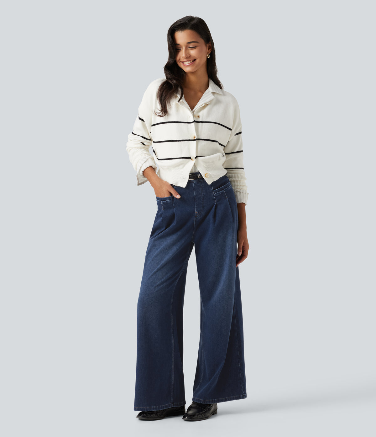 High Waisted Wide Leg Casual Jeans with Pockets — Pageant Blue Denim — view 7