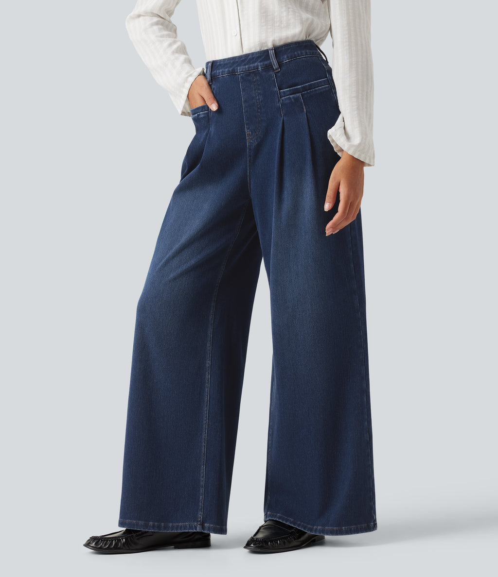 High Waisted Wide Leg Casual Jeans with Pockets — Pageant Blue Denim — view 3