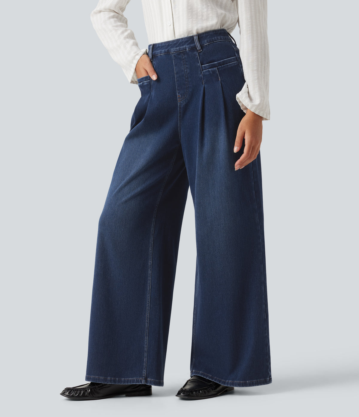 High Waisted Wide Leg Casual Jeans with Pockets — Pageant Blue Denim — view 3
