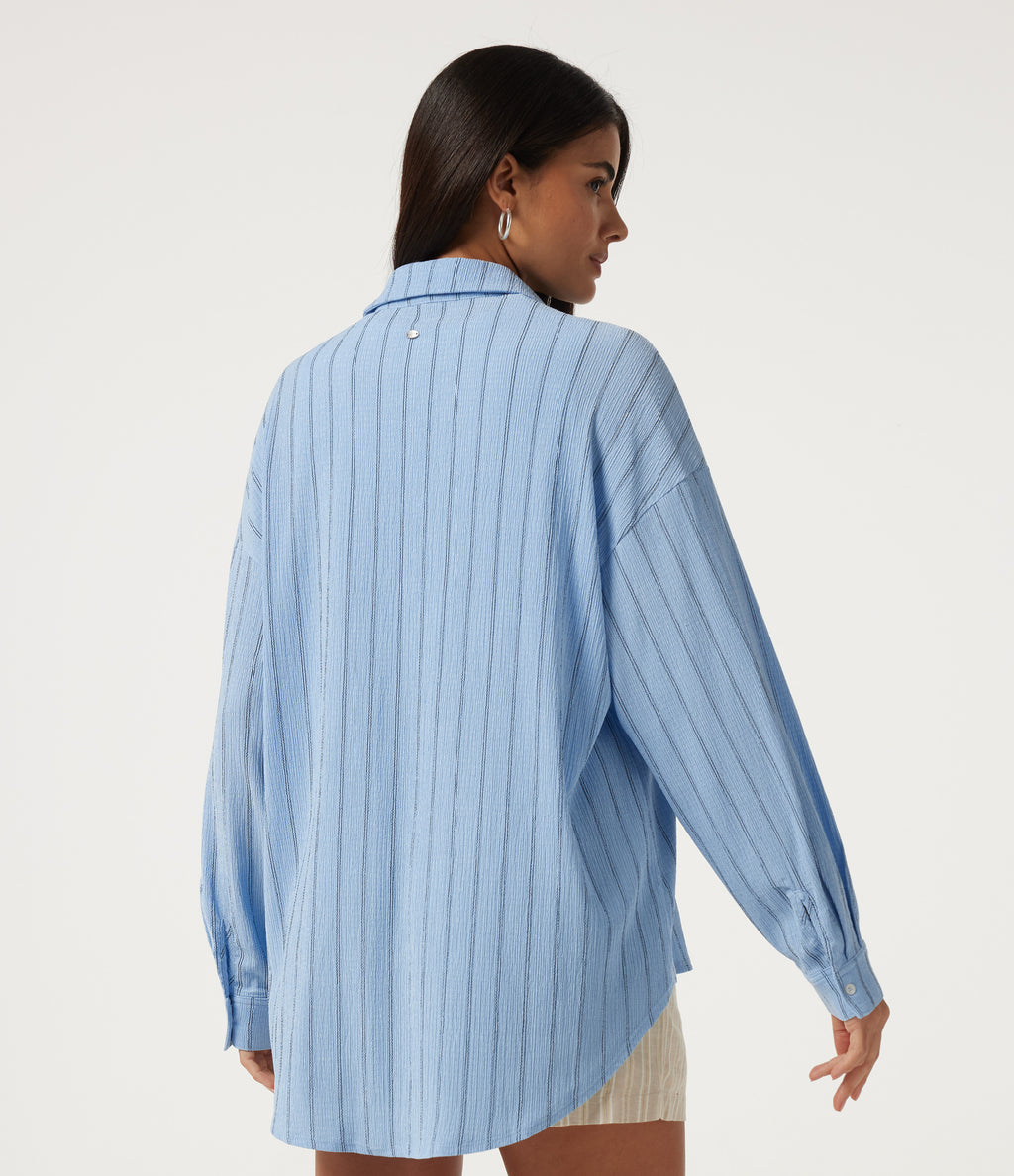 Collared Dropped Long Sleeve Relaxed Stripe Casual Blouse — Sky Blue Dual Stripe — view 2
