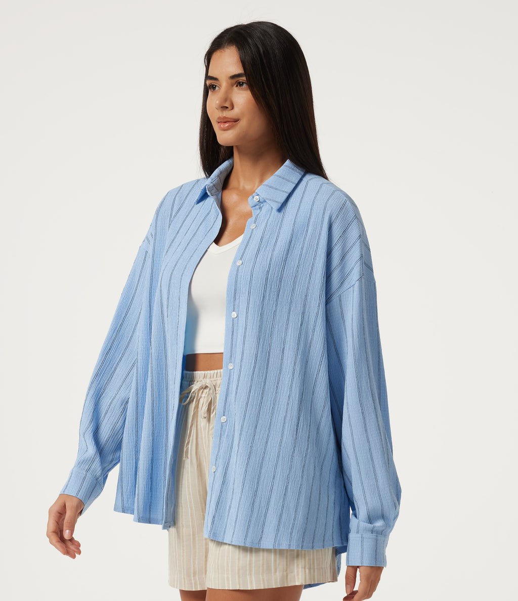 Collared Dropped Long Sleeve Relaxed Stripe Casual Blouse — Sky Blue Dual Stripe — view 4