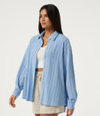 Collared Dropped Long Sleeve Relaxed Stripe Casual Blouse — Sky Blue Dual Stripe — view 4