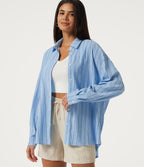 Collared Dropped Long Sleeve Relaxed Stripe Casual Blouse — Sky Blue Dual Stripe — view 1